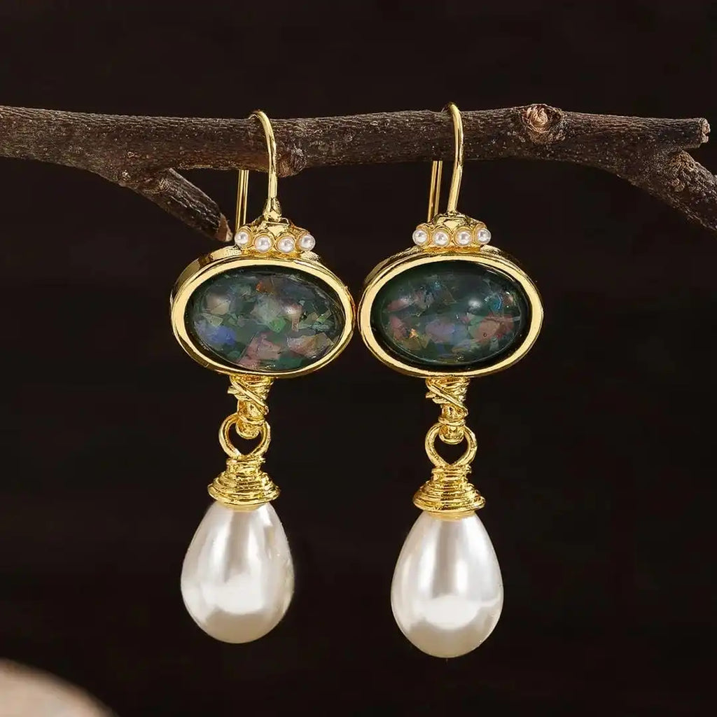 Geometry Black Stone and Pearl Earrings