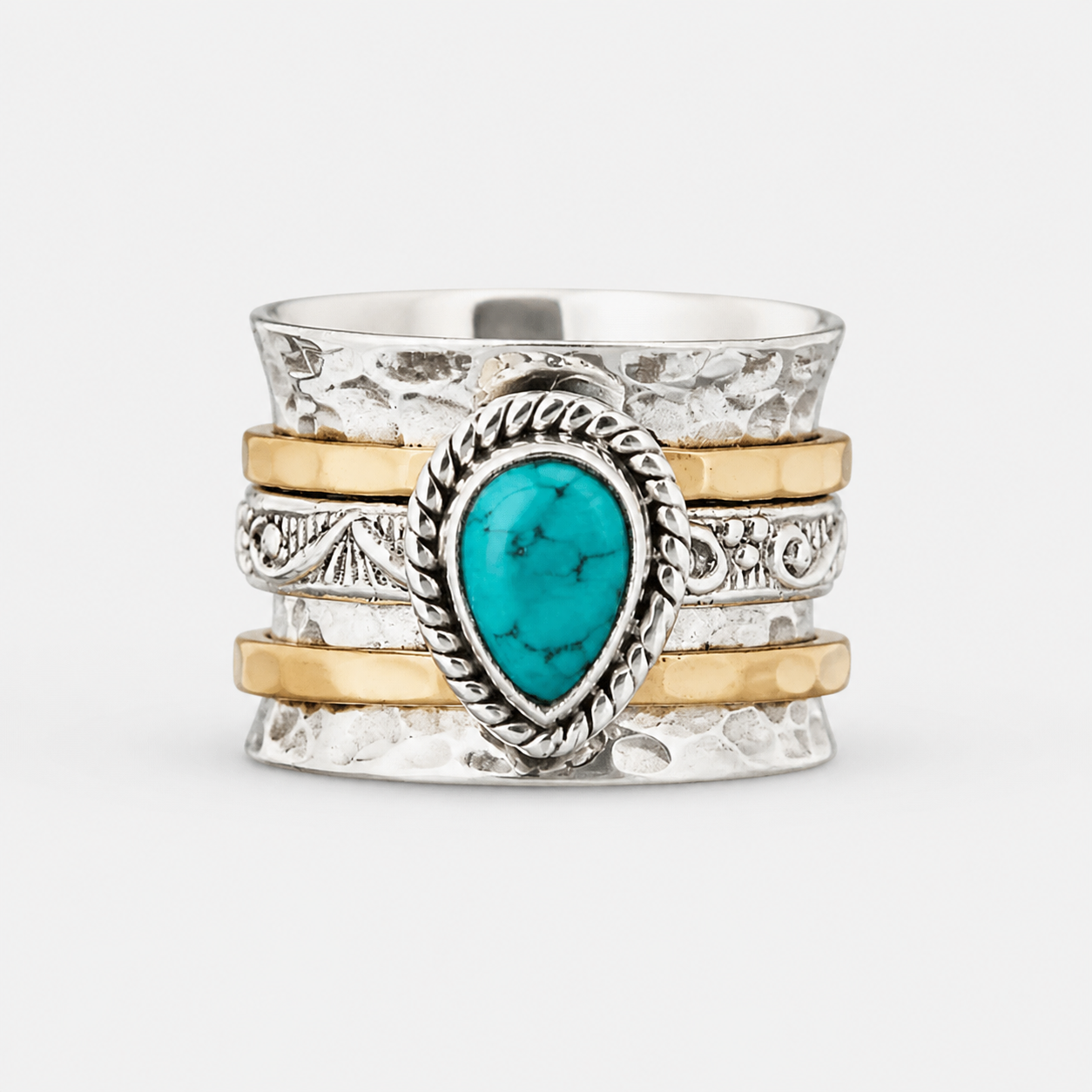 Antique Turquoise Inlaid Gold Silver Ring on a clean white studio background