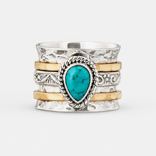 Antique Turquoise Inlaid Gold Silver Ring on a clean white studio background