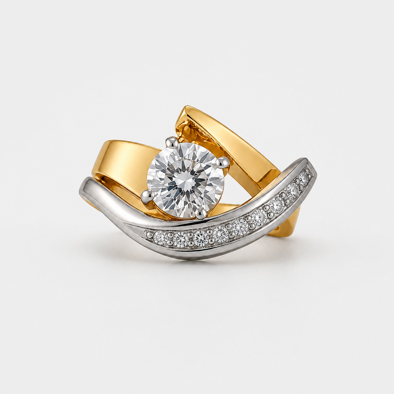 Radiance Irregular Gold and Silver Ring on a light neutral studio background